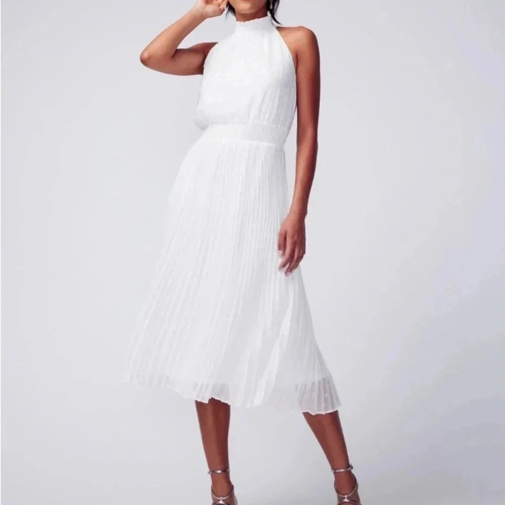 White House Black‎ Market Pleated Chiffon Midi Dress Size 8